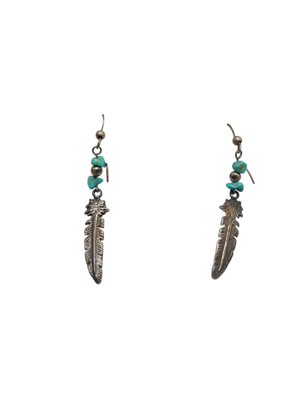 Sterling Silver Feather Dangle Earrings With Turquoise Accents Vintage
